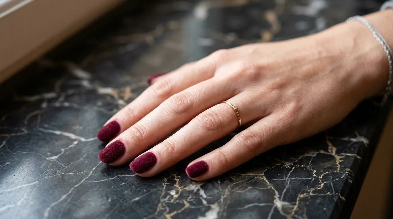 A close-up of a woman's hand resting on a dark marble surface, showing burgundy velvet-textured nails with a soft matte finish, natural lighting highlighting the fuzzy texture.