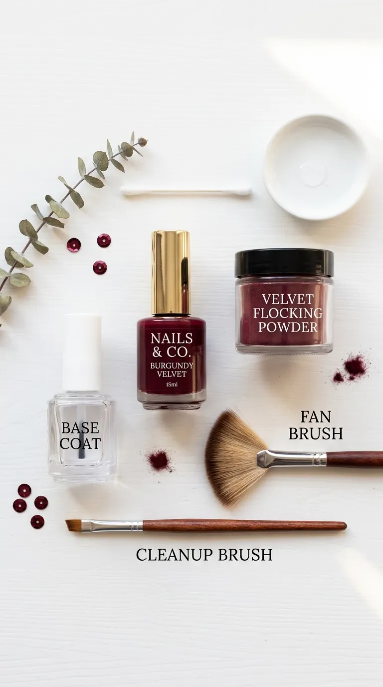 A flat-lay arrangement on a white surface showing a bottle of deep burgundy nail polish, a small jar of burgundy flocking powder, a fan brush, a base coat bottle, and a cleanup brush, styled like a Pinterest beauty tutorial.