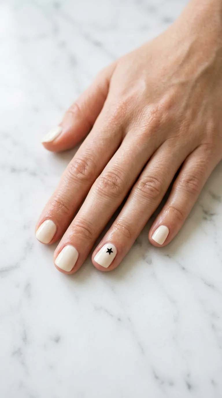 A photograph of clean, short natural nails painted in creamy off-white with a single tiny black star on the ring finger nail, hand placed flat on a white marble countertop. Clean minimalist composition. Bright even lighting. Shot with a prime lens at f/4.