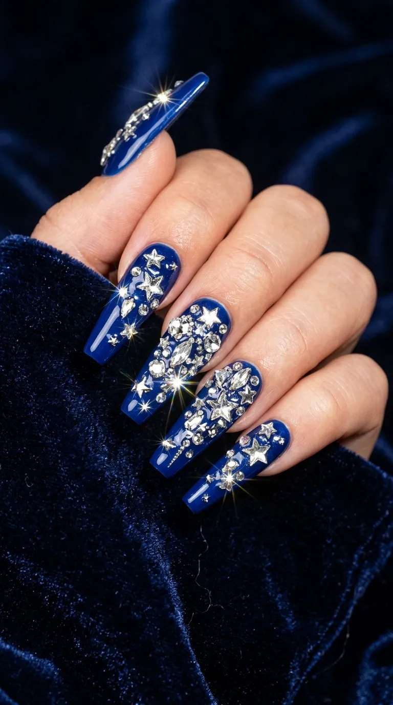 A close-up of long coffin-shaped nails in deep royal blue covered in clusters of rhinestone stars and crystal accents catching light in multiple directions, hand posed against dark velvet. Studio flash lighting creating sharp sparkle reflections. Shot with a macro lens at high resolution.
