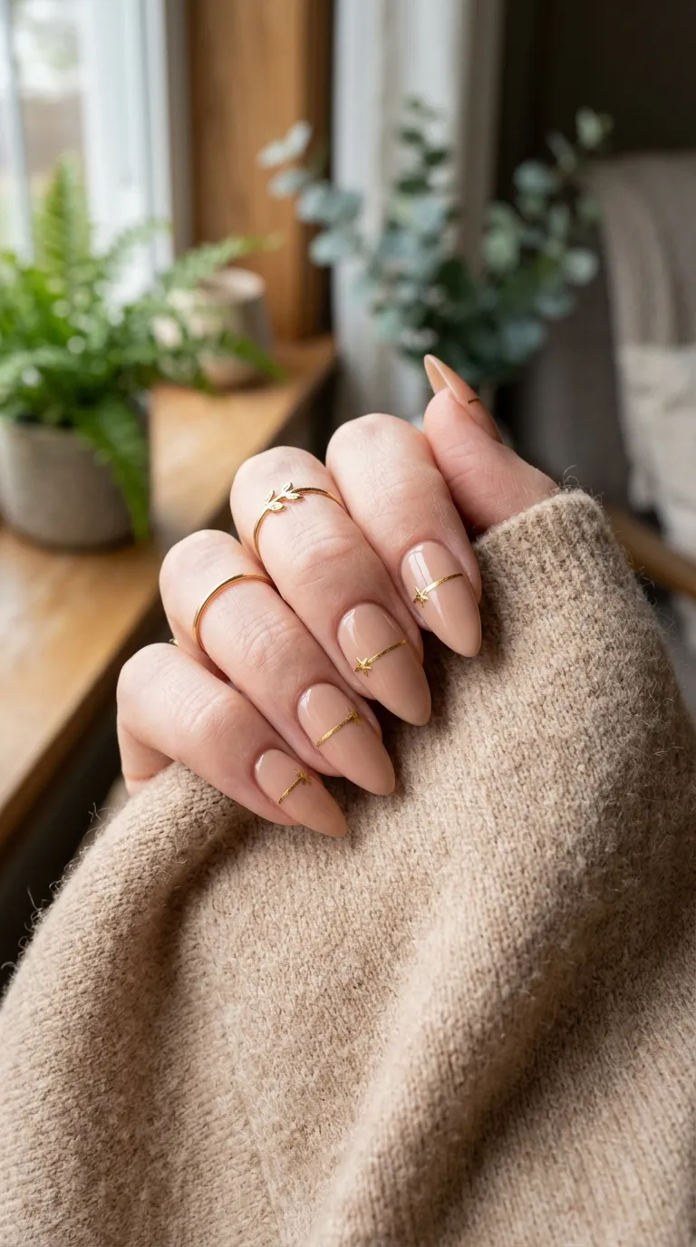 A hand with long almond-shaped nails in a warm nude tone, each nail featuring a thin horizontal gold line across the center with a tiny gold star at one end of the line. Hand positioned on a beige cashmere sweater. Soft natural light from a window. Shot on a mirrorless camera.