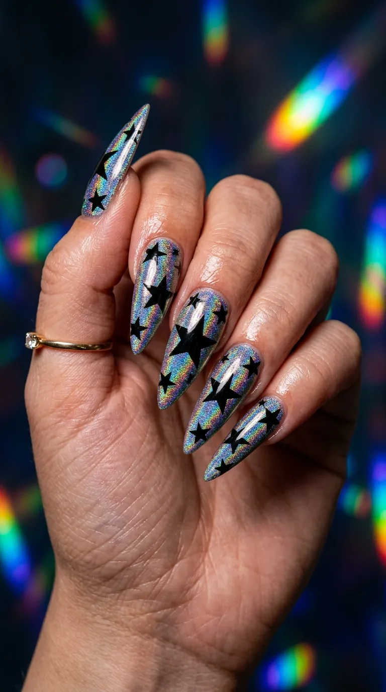 A photograph of stiletto nails covered in holographic polish that shifts between rainbow colors, with bold black star silhouettes painted over the holographic surface. Hand held up against a dark background with prismatic light refractions. Shot with studio strobes and a macro lens.