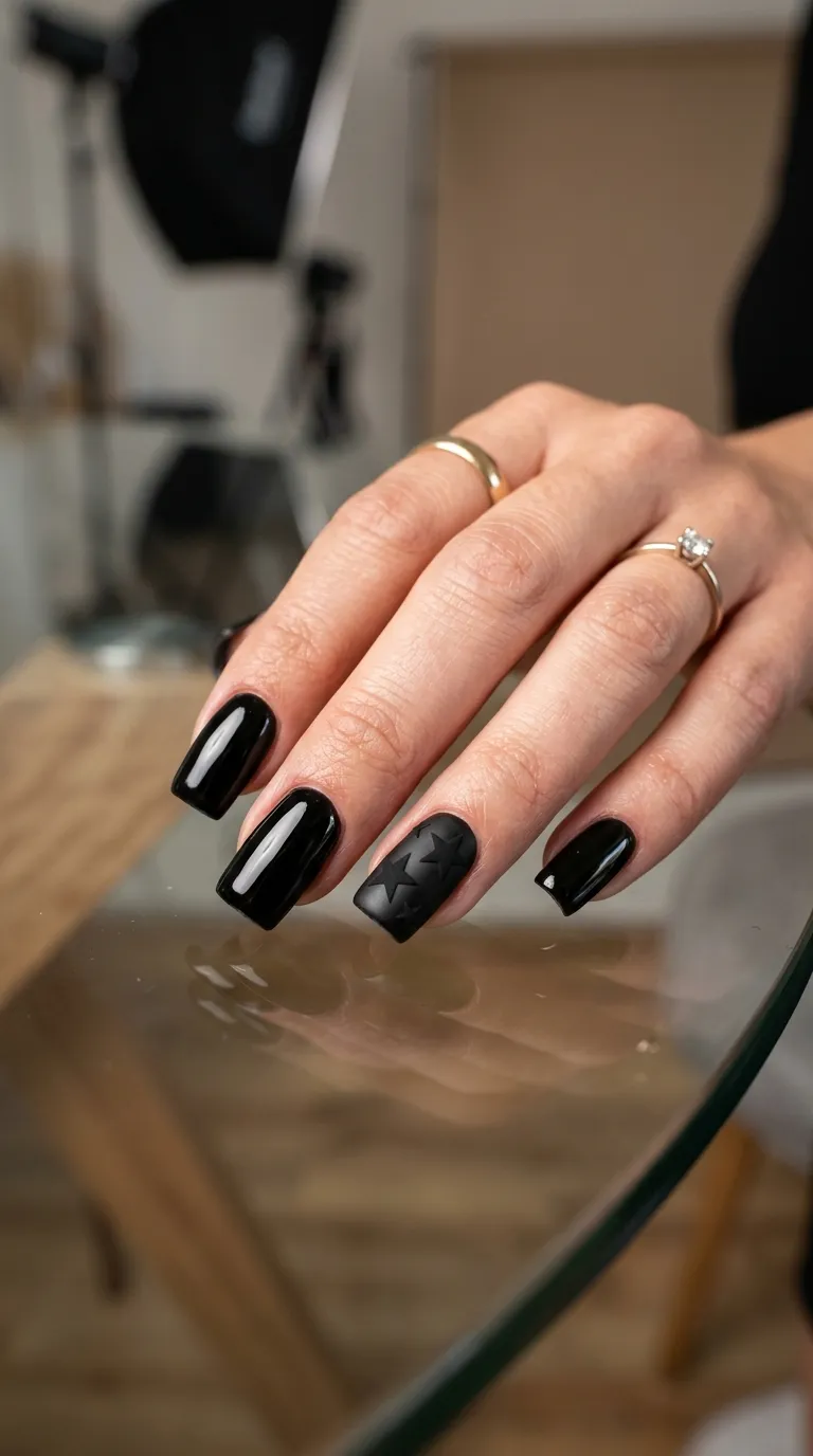 A close-up of medium-length square nails with a high-gloss jet black finish, two nails featuring matte black star decals creating a texture contrast on the shiny surface. Hand resting on a glass table with subtle reflections. Controlled studio lighting. Shot at f/2.5 with sharp detail.