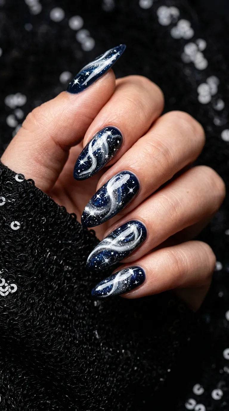 A photograph of long almond nails with deep navy blue base and swirling white and silver cosmic patterns resembling a galaxy, with bright white star shapes scattered across the swirls. Hand positioned against a black sequin fabric. Dramatic directional lighting. Shot with a high-resolution macro setup.