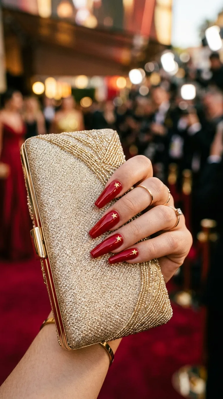 A close-up of long coffin nails in classic Hollywood red with metallic gold star decals placed at the base of each nail near the cuticle, hand posed holding a gold clutch purse. Rich warm lighting mimicking a red carpet setting. Shot with a 105mm macro lens.
