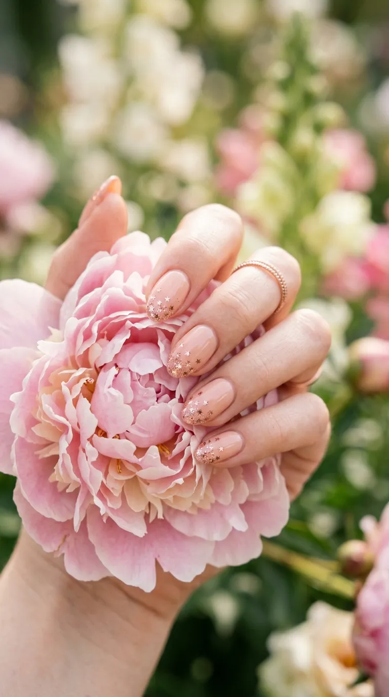 A hand with oval-shaped nails featuring a soft peachy nude base with tiny rose gold stars clustered at the tips of each nail, fingers delicately touching a pink peony flower. Diffused natural lighting with a dreamy soft focus background. Shot on a full-frame camera at f/2.