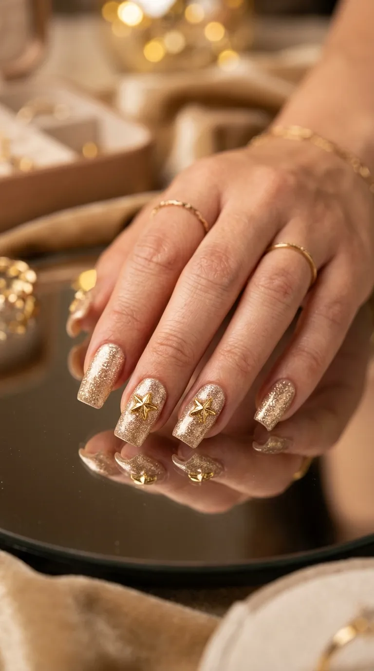 A photograph of medium-length square nails in champagne gold shimmer polish with raised three-dimensional mini star charms attached to each nail, hand resting on a mirrored surface reflecting warm light. Glamorous studio lighting. Shot with a macro lens capturing fine shimmer particles.