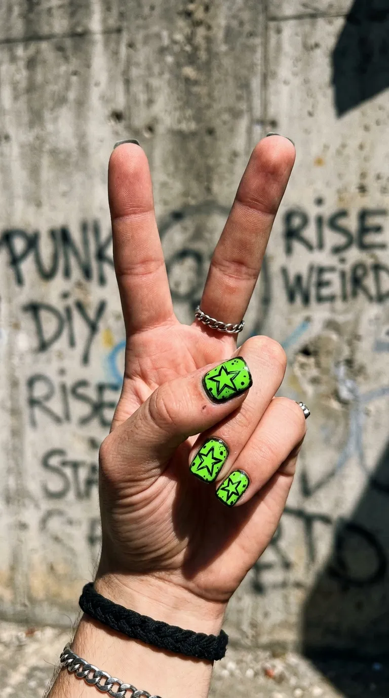A close-up of short square nails painted in electric neon green with hand-drawn black star outlines and small black dots surrounding them in a punk graffiti style. Hand making a peace sign against a concrete wall. Harsh direct sunlight creating strong shadows. Shot with a 50mm prime lens.
