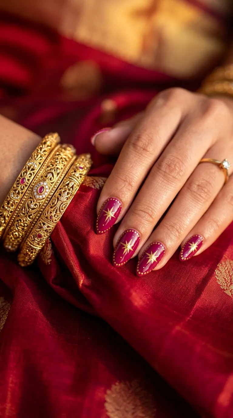 A hand with almond-shaped nails painted in rich magenta with intricate gold star patterns and fine gold dot borders along the cuticle line, positioned next to ornate gold bangles on a deep red silk fabric. Warm golden lighting with rich color saturation. Shot with a high-end mirrorless camera.