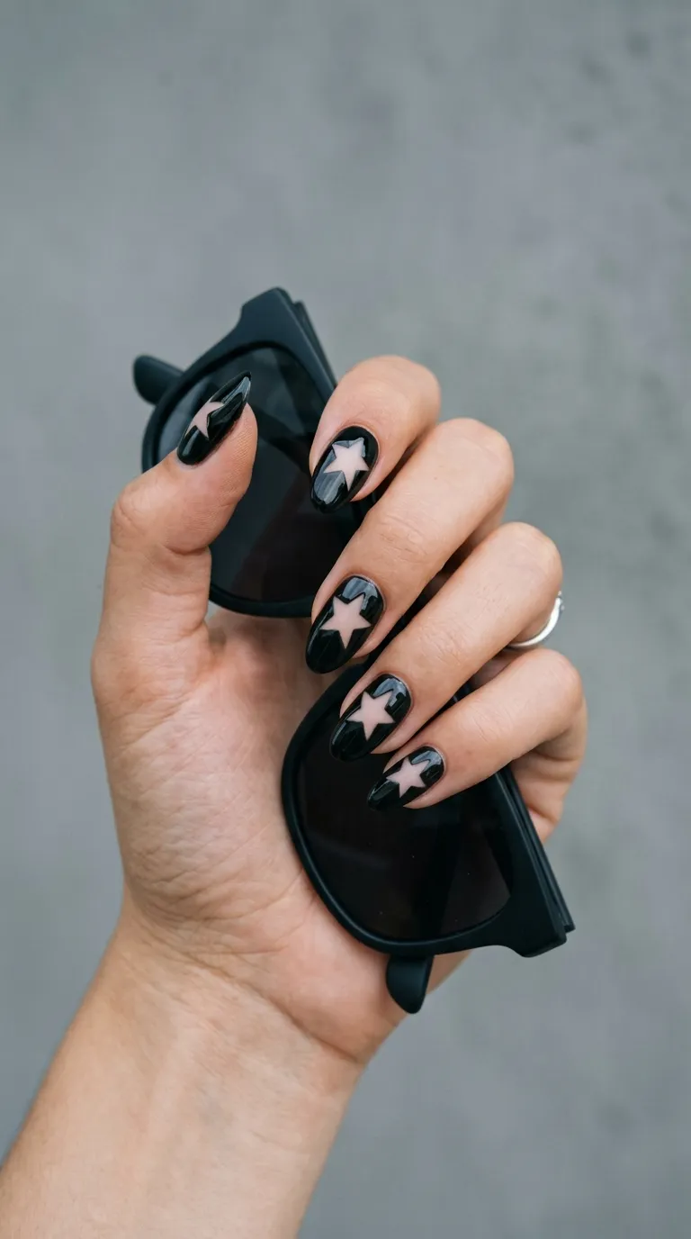 A photograph of medium-length almond nails with bare natural nail showing through star-shaped negative spaces, surrounded by solid black polish. Hand holding a pair of dark sunglasses. Cool-toned flat lighting with a minimalist gray background. Shot with a 85mm lens at f/2.8.