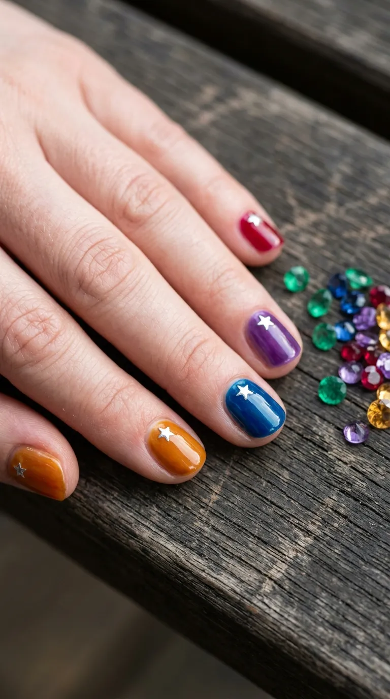 A close-up of short rounded nails each painted in a different jewel tone — emerald, sapphire, amethyst, ruby, and topaz — with small silver star accents placed at different positions on each nail. Hand resting on a dark wooden surface with scattered loose gemstones nearby. Rich natural lighting. Shot with a macro lens at high sharpness.