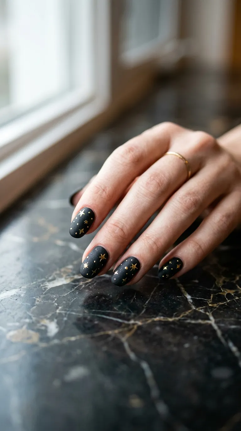 A photograph of a hand with matte black nails adorned with scattered tiny gold metallic stars and fine gold dot accents between them, displayed against a dark marble surface. Natural window light highlights the metallic shimmer. Shot with a 100mm macro lens at f/2.8.