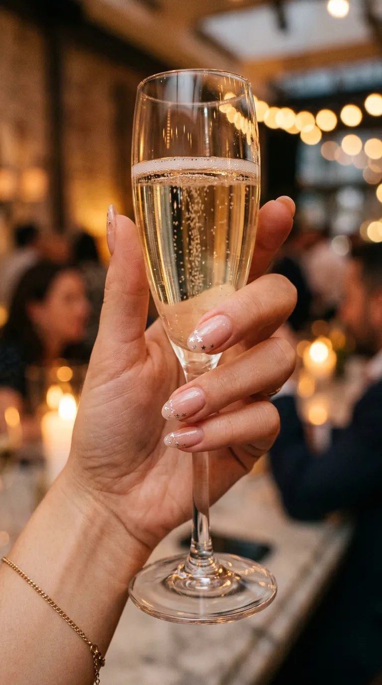 A close-up of a hand with sheer nude pink nails featuring delicate tiny silver stars replacing the traditional white French tip line, fingers gently curled around a champagne glass stem. Warm ambient lighting. Shot on a full-frame camera with shallow depth of field.