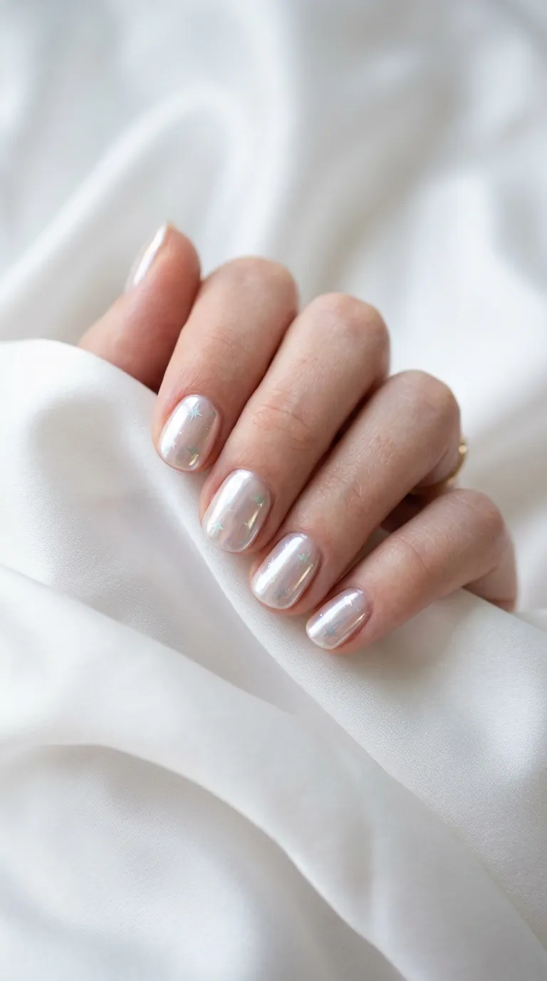 A hand with short rounded nails finished in a pearlescent chrome glaze with faint holographic star shapes appearing under the reflective surface, resting on a white silk fabric. Soft studio lighting creating a luminous glow on each nail. Shot with a mirrorless camera at ISO 200.