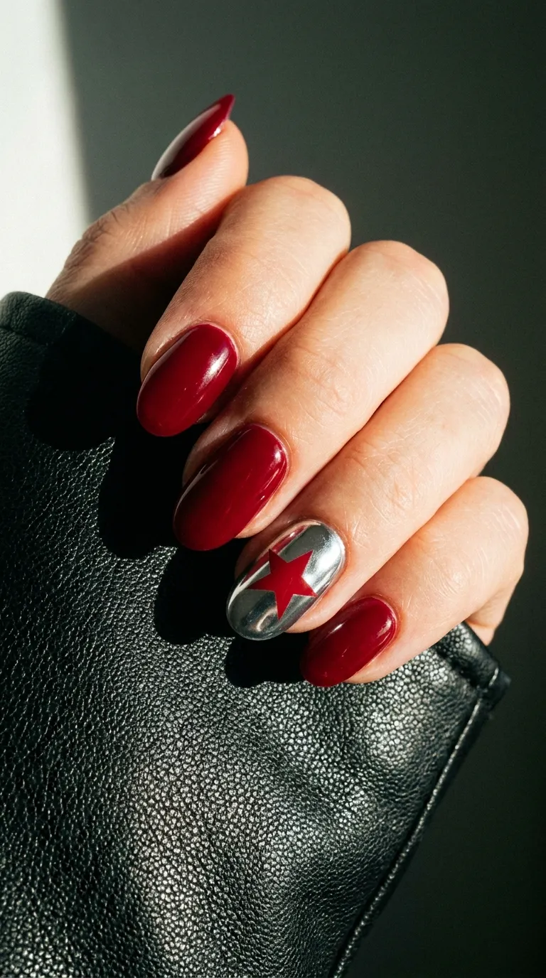 A hand displaying four nails in rich cherry red and one accent nail in mirror-finish silver chrome with a single bold red star in the center, posed against a black leather surface. Dramatic side lighting emphasizing the chrome reflection. Macro photography with sharp focus.