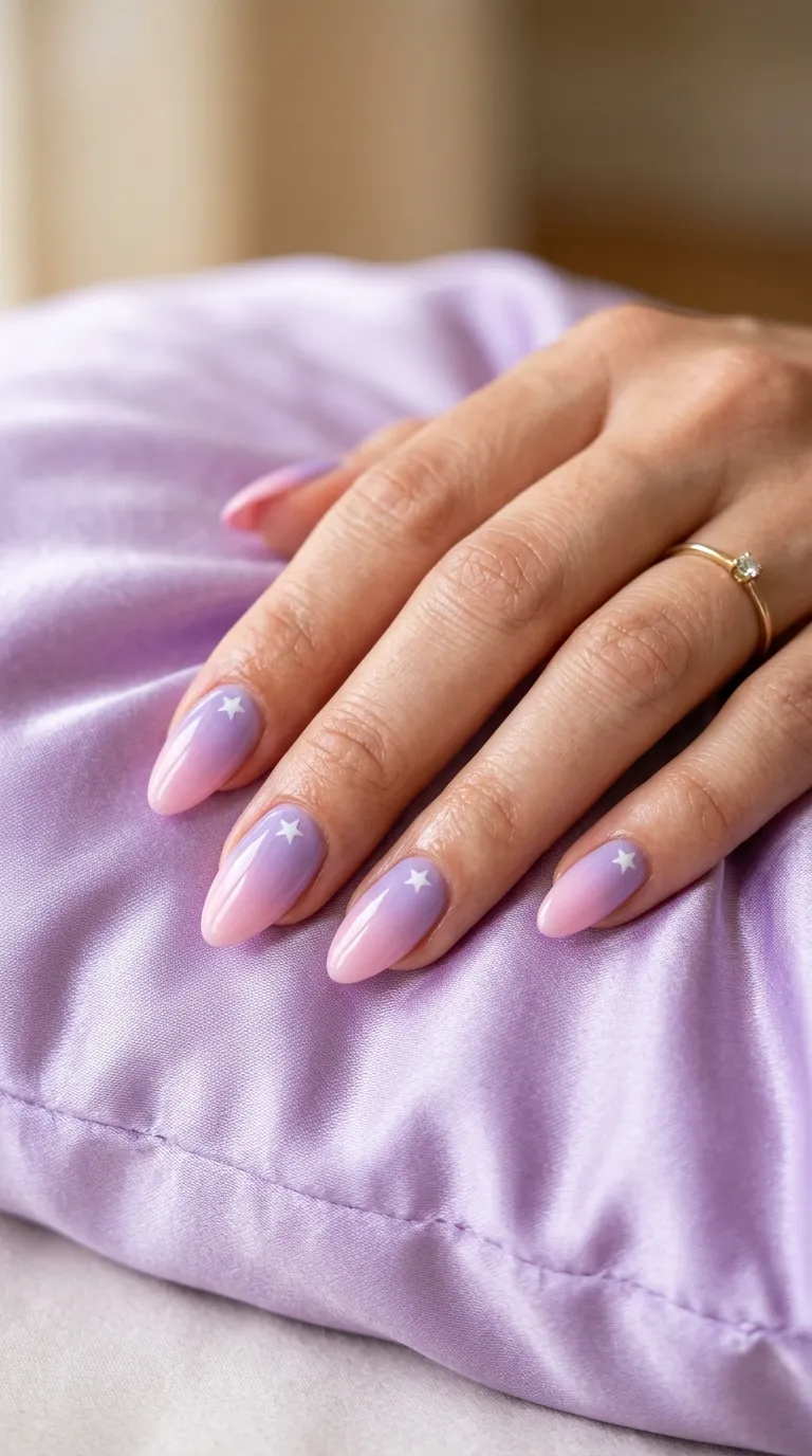 A photograph of almond-shaped nails with a soft ombré gradient fading from lavender to baby pink, each nail featuring a small white star near the cuticle area. Hand resting on a pastel purple satin cushion. Natural diffused lighting. Shot with a 90mm macro lens.