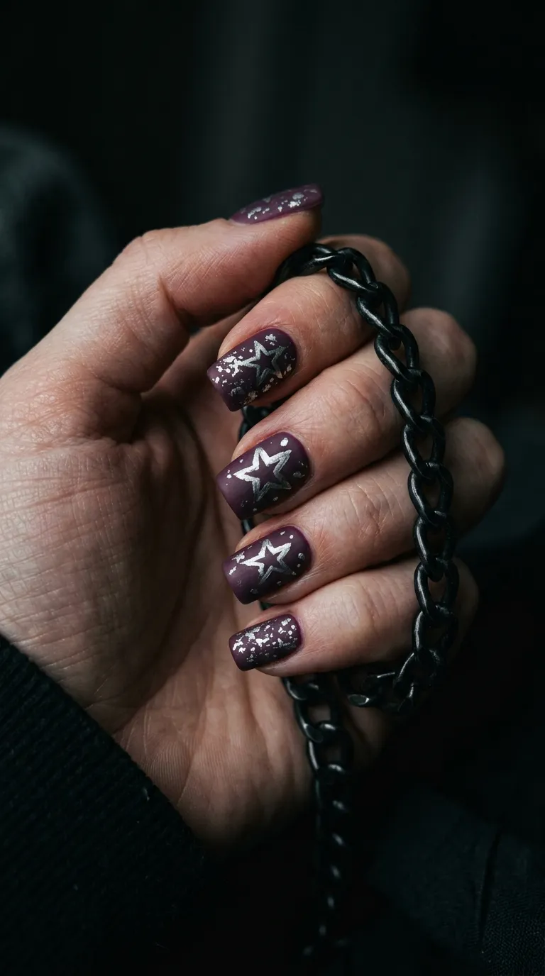 A close-up of short square nails painted in a deep matte plum with rough hand-drawn silver star outlines and scattered silver flecks, hand gripping a black chain necklace. Moody low-key lighting with dramatic shadows. Shot on a full-frame camera at f/1.8.