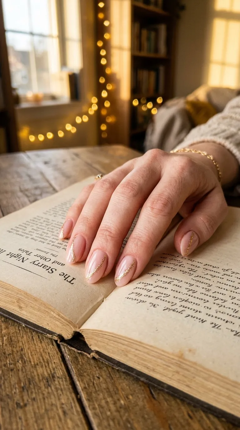 A hand with medium-length oval nails in soft blush pink, each nail featuring a diagonal trail of fine gold glitter forming a shooting star path from one corner to the other. Hand resting on an open book with fairy lights blurred in the background. Warm golden hour lighting.