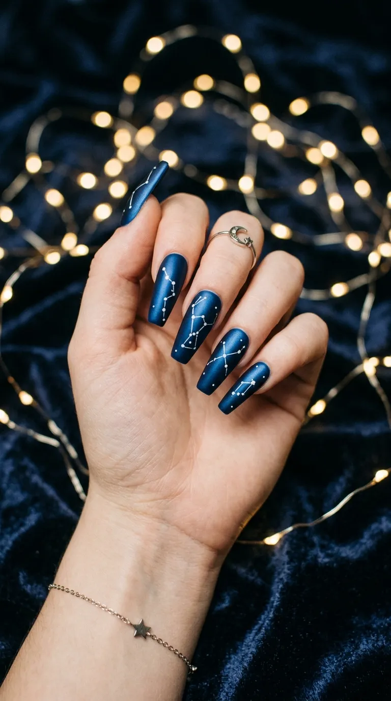 A moody photograph of a hand with long coffin-shaped nails painted in a rich celestial blue with a satin finish. Thin white lines connect small white dot clusters on each nail, forming constellation-like patterns. The hand rests on dark navy fabric scattered with tiny LED fairy lights creating soft warm bokeh in the background.