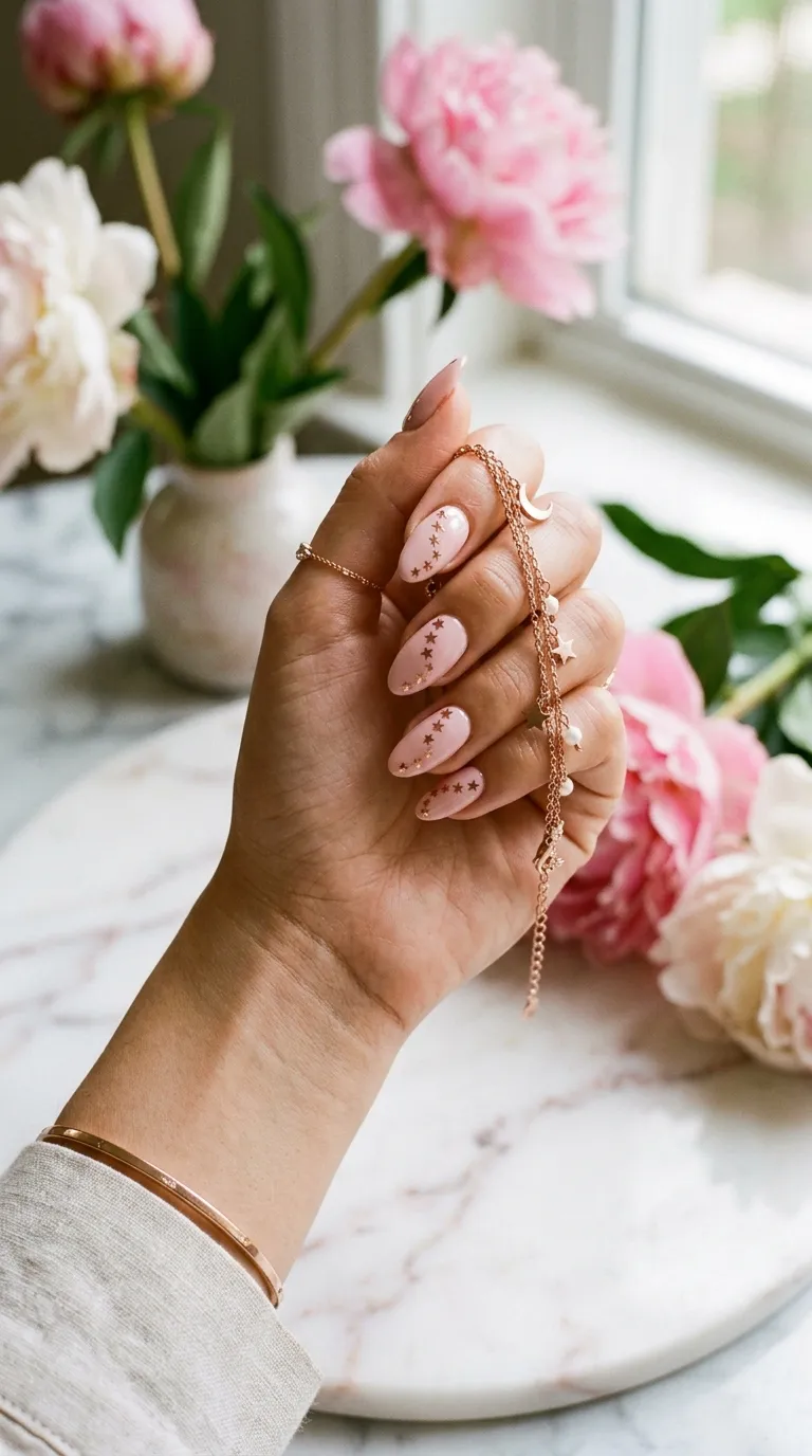 A warm-toned photograph of a woman's hand with medium almond-shaped nails painted in soft blush pink, decorated with small rose gold star decals placed in a cascading pattern from cuticle to tip. The hand delicately holds a rose gold bracelet. A white marble surface with pink peonies appears softly blurred in the background.