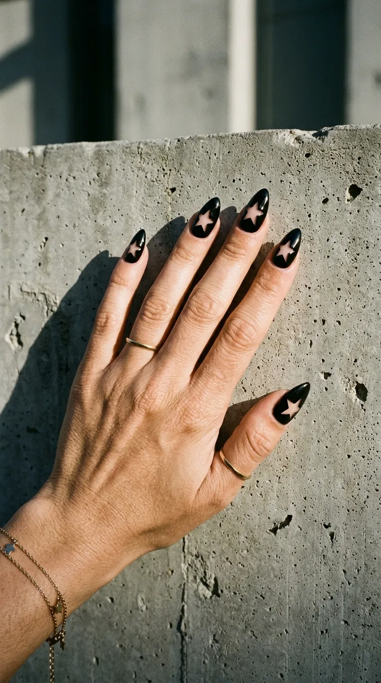 An artistic photograph of a hand with medium stiletto nails featuring a clear negative space design where bare nail peeks through star-shaped cutouts against a solid black polished background. The hand is positioned against a grey concrete wall with natural shadows falling across the fingers. Harsh directional sunlight creates strong contrast.