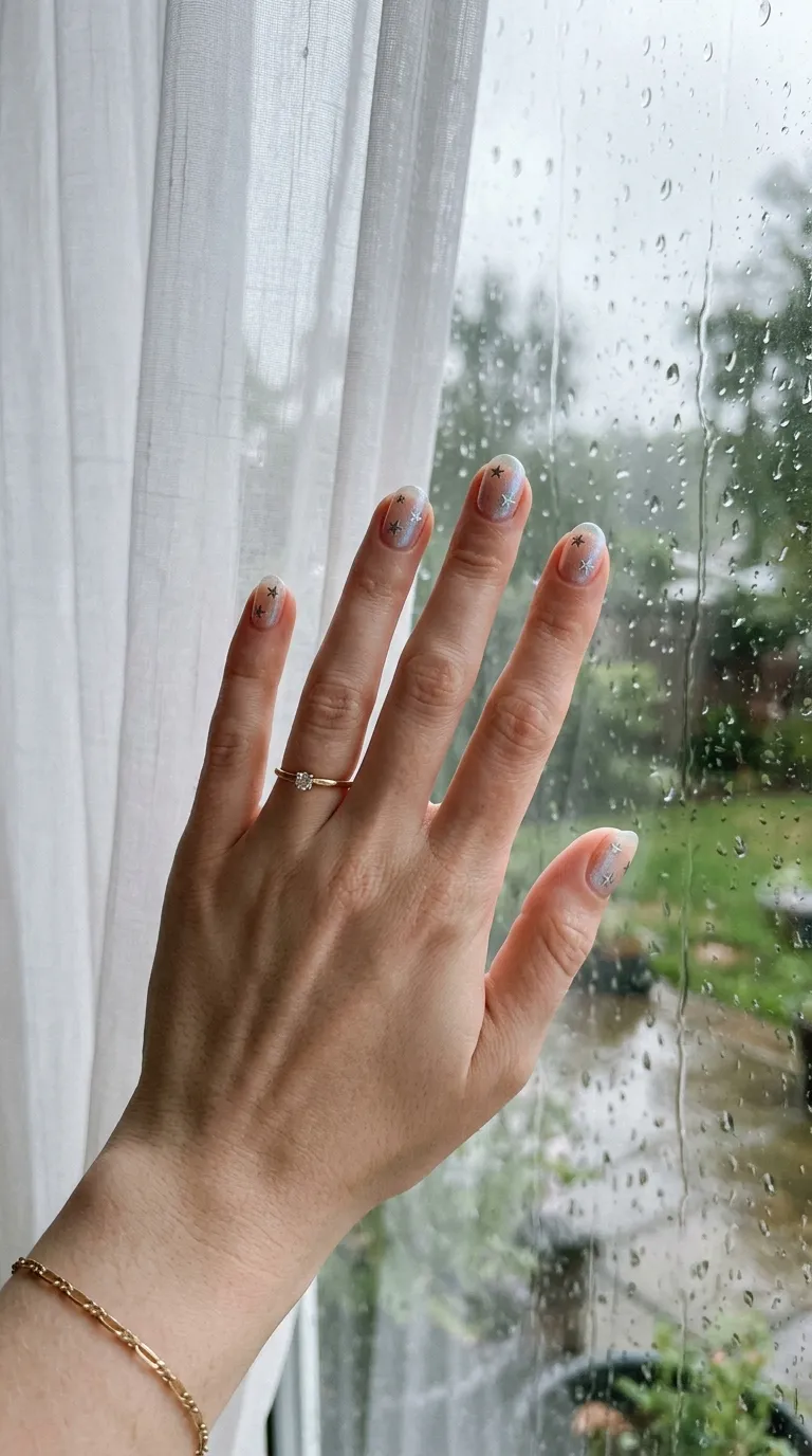 A photograph of a hand with natural short round nails coated in a clear iridescent shimmer polish, with subtle stamped star shapes in silver visible on each nail. The hand is held up against a window with soft overcast daylight filtering through sheer white curtains. Raindrops on the glass create a dreamy, soft background texture.