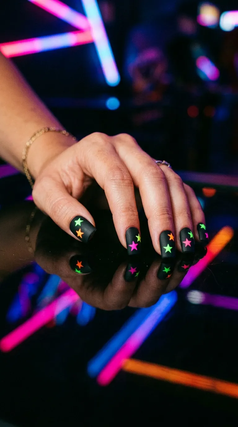 A vibrant photograph of a hand with square-shaped nails painted in flat matte black, each nail decorated with two or three small neon-colored star shapes in electric pink, lime green, and bright orange. The hand rests on a glossy black surface that reflects neon light strips in the background. Deep contrast lighting makes the neon colors glow intensely.