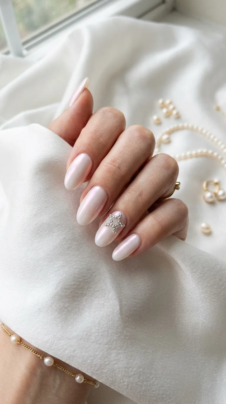 An elegant photograph of a hand with long oval nails coated in a pearlescent white polish with a soft pink undertone shimmer. A single rhinestone star formation made of tiny clear crystals sits at the base of each ring finger nail near the cuticle. The hand rests on white silk fabric with soft pearl jewelry scattered nearby. Even diffused lighting creates a luminous glow.