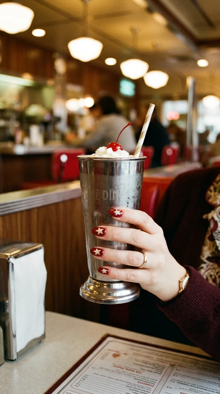 A retro-styled photograph of a hand with classic round-shaped nails painted in a rich cherry red, each nail featuring a small cream-colored vintage-style five-pointed star with a slightly faded, distressed look. The hand holds a classic chrome diner milkshake glass. Warm tungsten lighting gives the scene a nostalgic fifties diner atmosphere.