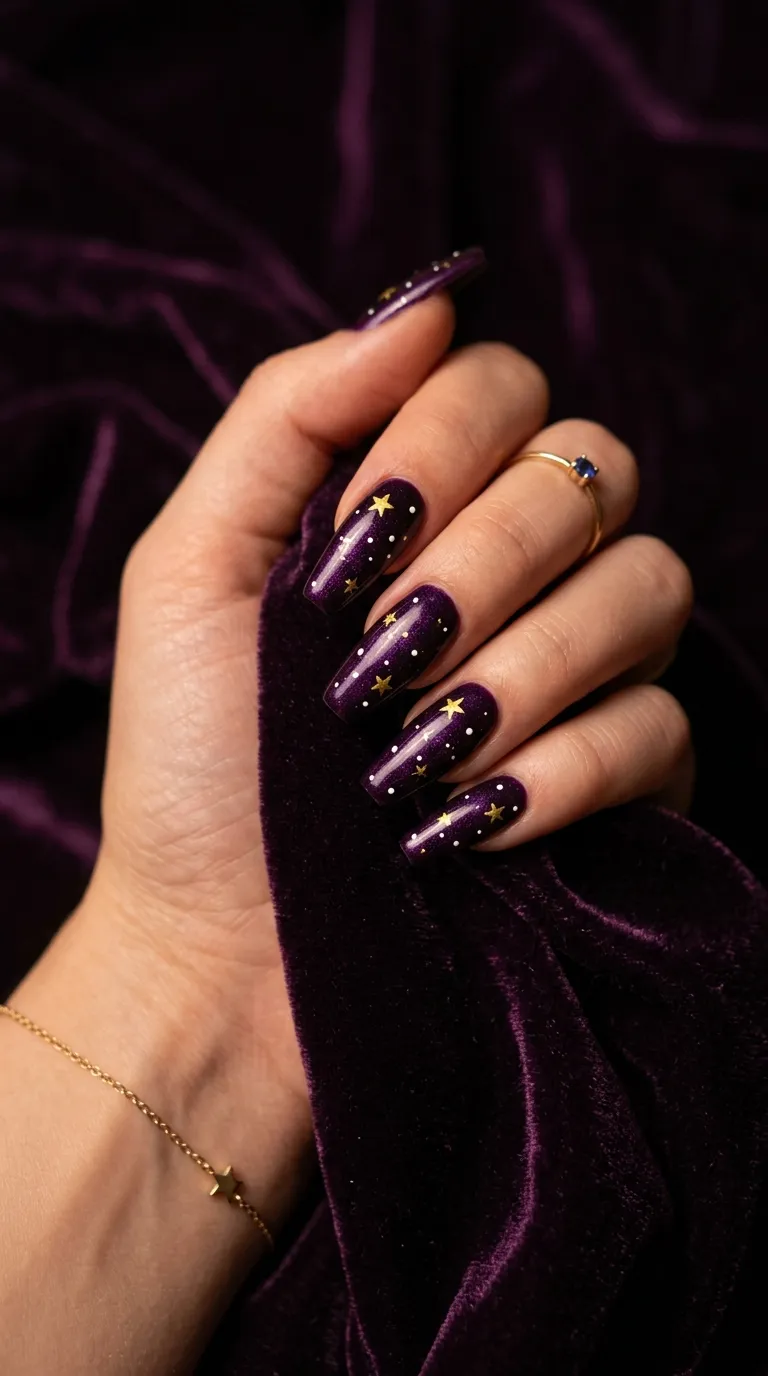 A luxurious photograph of a hand with coffin-shaped nails painted in a deep dark velvet purple with a subtle shimmer. Small yellow-gold painted stars and tiny white dots surround them, creating a glowing effect against the dark background. The hand rests on dark purple velvet fabric. Low moody lighting enhances the rich jewel tones and the warmth of the golden star accents.