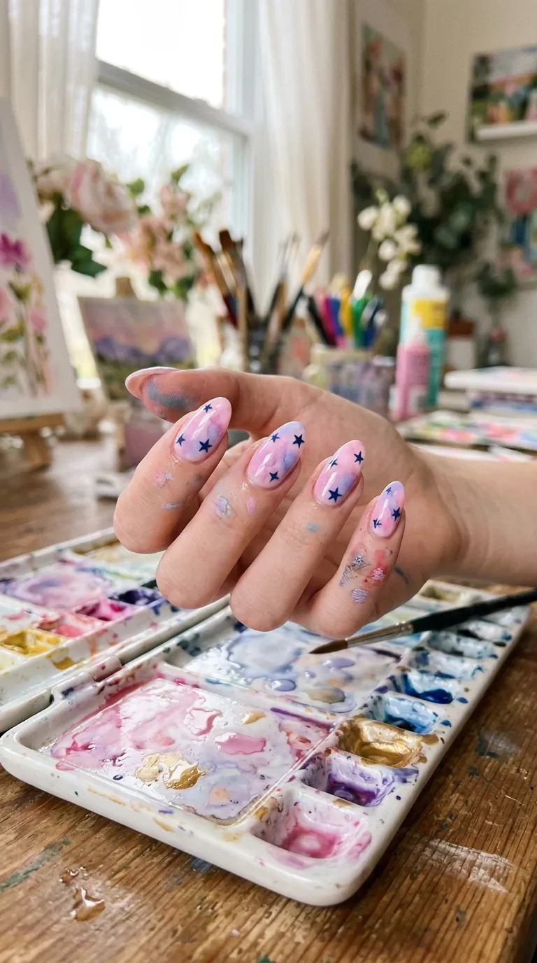 An ethereal photograph of a hand with almond-shaped nails showing a soft watercolor wash effect in blended pink and lavender hues. Small dark navy blue star silhouettes are painted over the watercolor background. The hand is positioned above a watercolor palette with paint-stained fingers visible. Diffused natural light creates a dreamy, airy atmosphere.