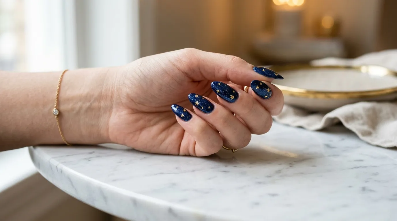 A close-up photograph of a woman's hand resting on a marble surface, fingers slightly curved, showcasing long almond-shaped nails painted in deep midnight blue with tiny gold metallic star accents scattered across each nail. Soft studio lighting highlights the glossy topcoat and the fine glitter particles catching light. Shallow depth of field blurs the background into creamy bokeh.