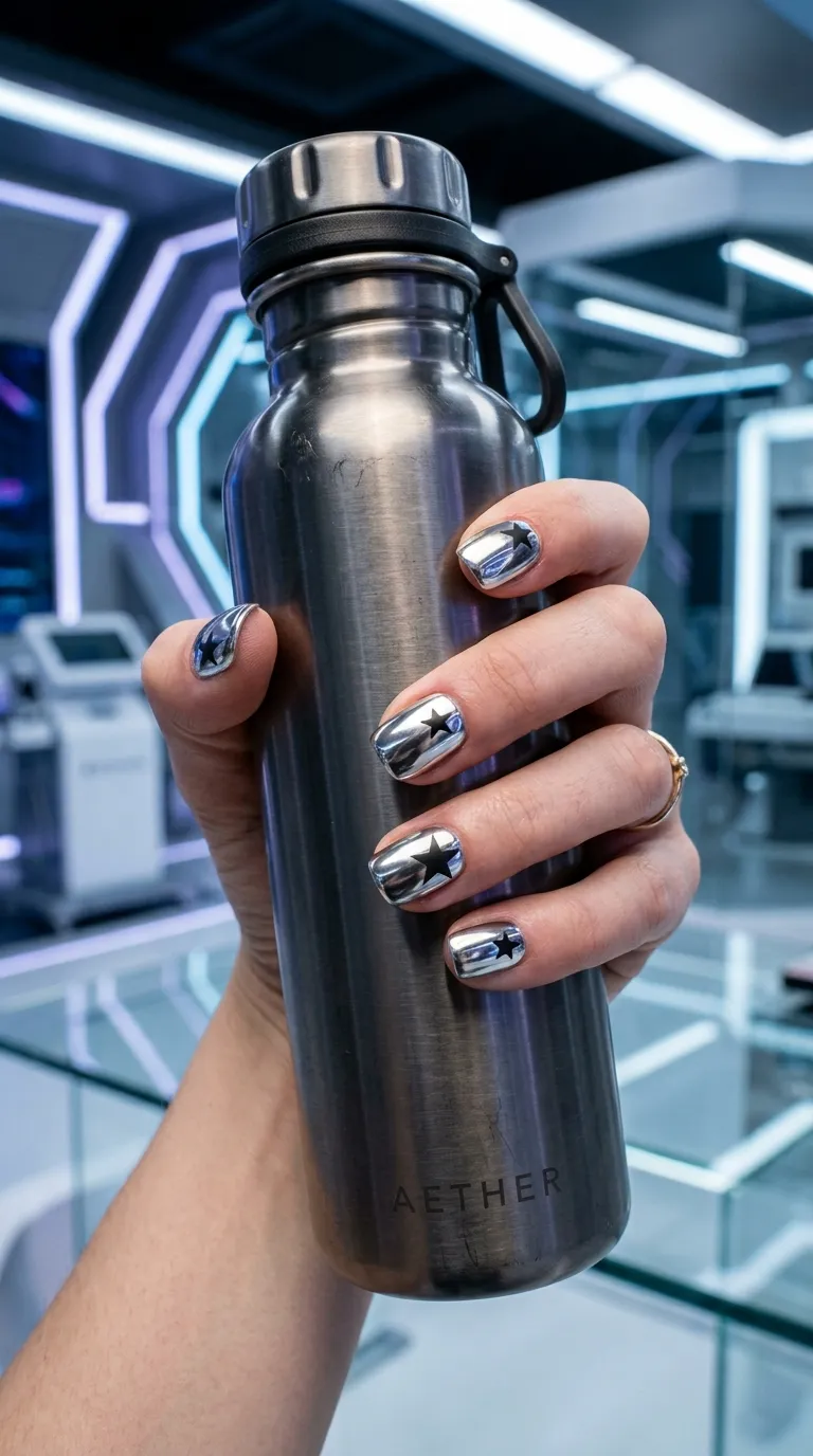 A futuristic photograph of a hand with short squoval nails coated in a mirror-like chrome silver finish reflecting surrounding objects. Small matte black star decals are placed on each nail in asymmetric positions. The hand grips a stainless steel water bottle. Cool-toned studio lighting emphasizes the reflective chrome surface and creates sharp metallic highlights.