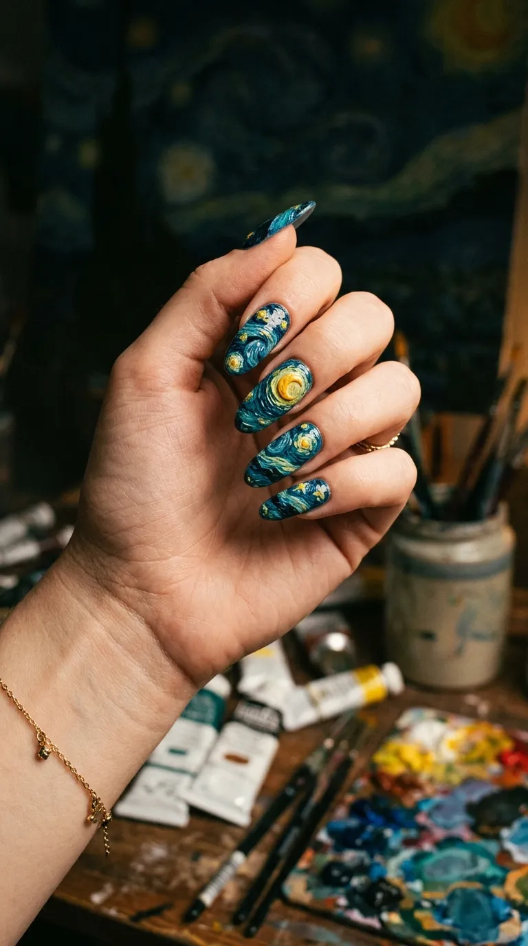An artistic photograph of a hand with long oval nails painted to resemble Van Gogh's Starry Night, with swirling deep blue and teal patterns and bright yellow star shapes painted in a thick, textured style. The hand is held against a dark art studio background with paint tubes and brushes blurred below. Warm directional lighting catches the textured polish surface.