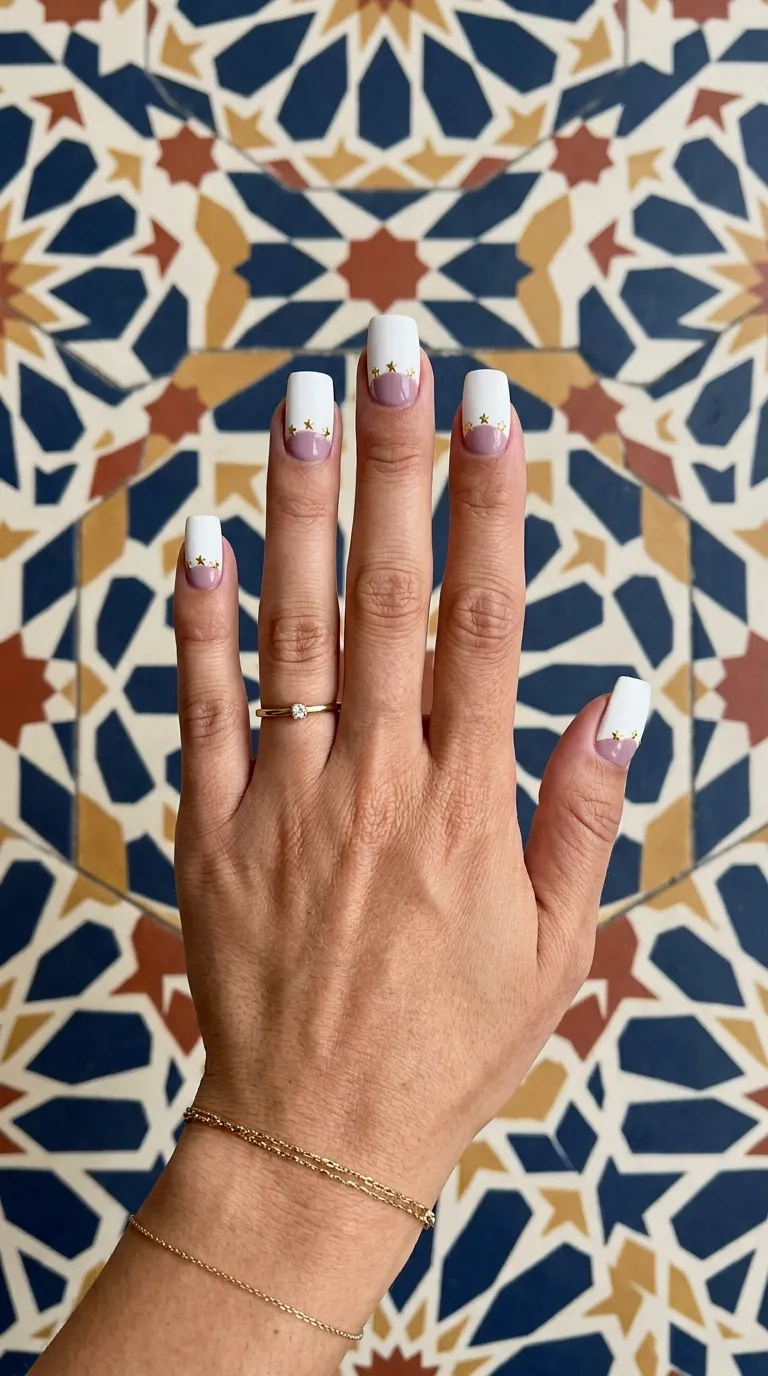 A geometric photograph of a hand with square nails showing a half-moon design where the lower half-moon near the cuticle is painted in dusty mauve and the upper portion in white, with tiny gold star studs placed along the curved dividing line between the two colors. The hand rests flat on a geometric patterned tile floor. Overhead flat lighting creates minimal shadows and emphasizes the clean color division.