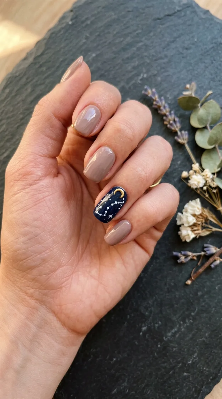 A detailed photograph of a single hand where four nails are painted in a simple glossy taupe, while the ring finger nail features a dark navy base with a detailed zodiac constellation drawn in fine white dots and lines forming a specific star pattern. A gold crescent moon charm sits at the base of the accent nail. The hand is positioned on a dark slate surface with dried flowers nearby. Warm side lighting draws focus to the accent nail.