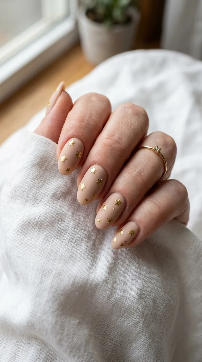 A detailed macro photograph of a hand with oval-shaped nails painted in a soft beige nude shade, each nail adorned with irregularly placed tiny gold foil star shapes. Natural window light illuminates the metallic texture of the foil against the matte nude base. A white linen cloth drapes beneath the hand.