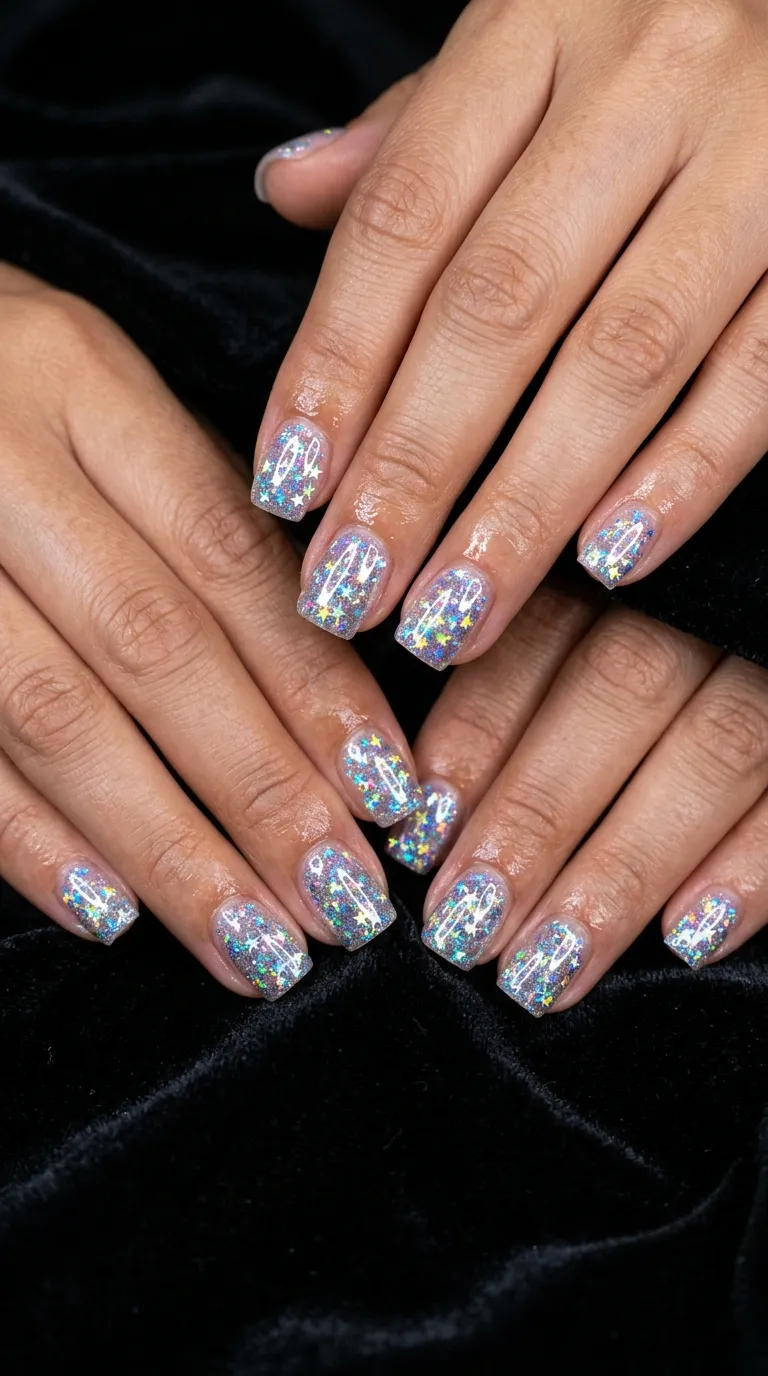 A photograph of two hands with short square-shaped nails covered in a clear glossy base filled with tiny holographic star-shaped glitter pieces reflecting rainbow light. The hands are positioned against a black velvet background, making the prismatic colors pop. Studio ring light creates sharp, defined reflections on each nail surface.