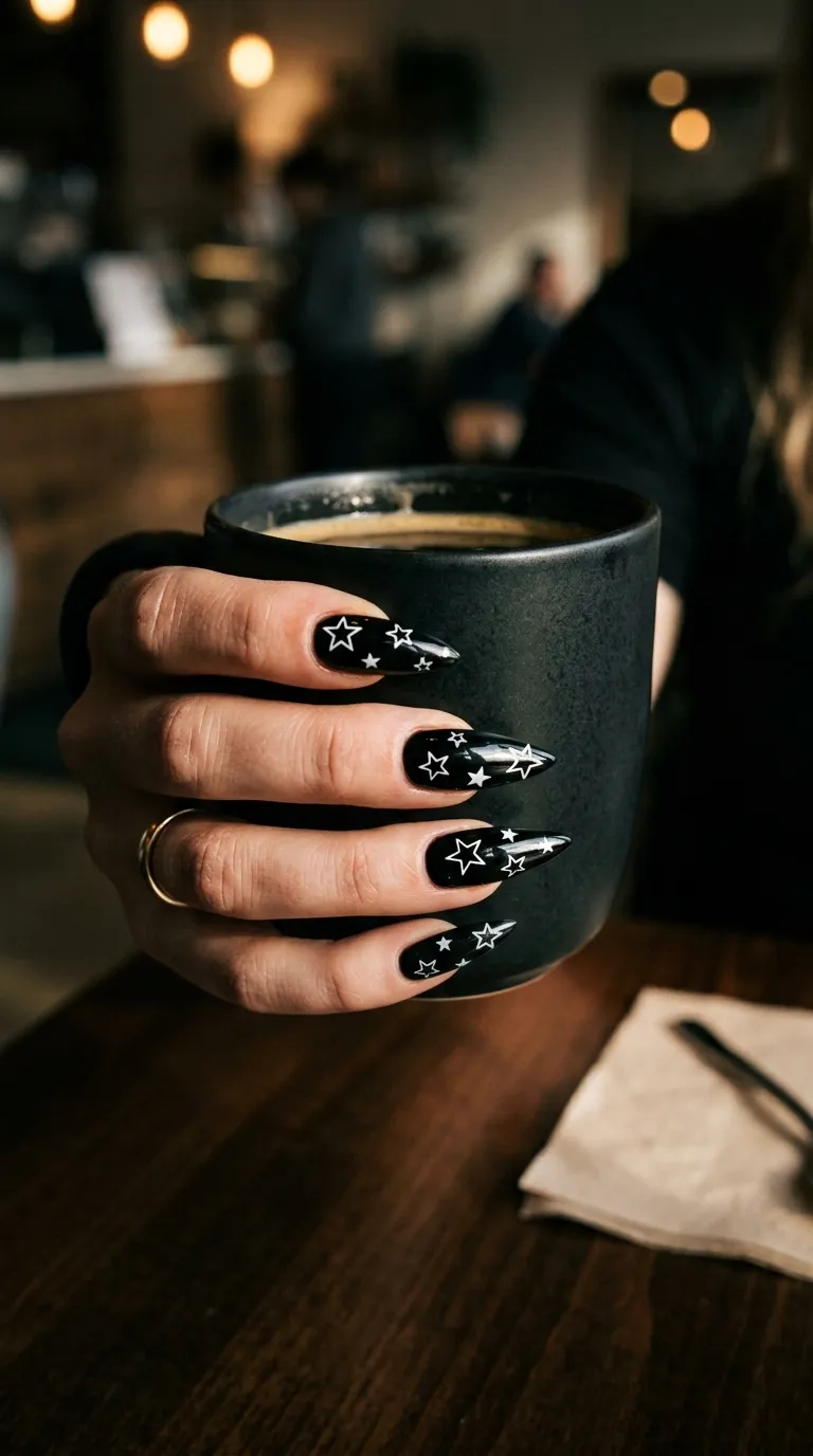 A crisp photograph of a hand with long stiletto-shaped nails painted in high-gloss black, each nail featuring small white stamped star outlines in varying sizes. The hand grips a matte black coffee cup. Directional side lighting creates dramatic shadows and highlights the contrast between the white stars and dark polish.