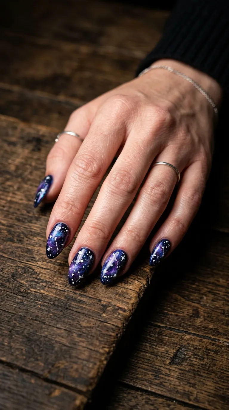 A dramatic photograph of outstretched fingers showcasing almond-shaped nails painted in deep navy and purple swirled tones resembling a nebula, with clusters of small white and silver dot stars scattered across the surface. A dark wooden table sits underneath. Overhead studio light catches the iridescent shimmer particles within the polish.