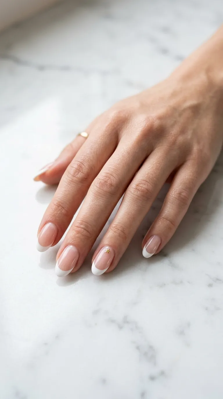 A clean, minimalist photograph of a hand with medium oval nails featuring classic white French tips on a natural pink base, with a single tiny gold star placed just below the tip line on each ring finger nail. The hand is held against a white marble countertop. Even, diffused lighting creates a soft shadow beneath the fingers.
