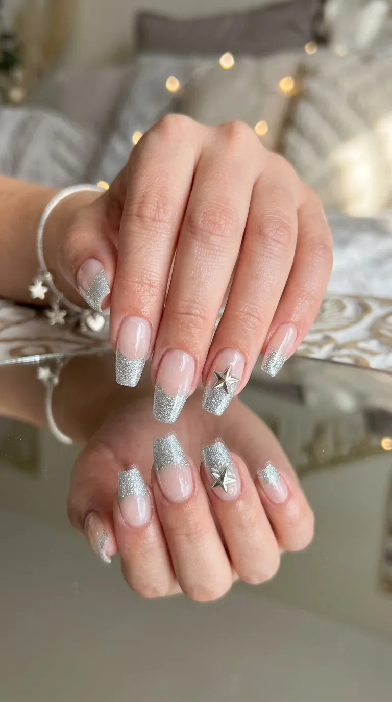 A sparkling photograph of a hand with tapered square nails showing a glitter ombré effect fading from dense silver glitter at the tips to bare nail at the cuticle area. A single three-dimensional star charm sits on each middle finger nail. The hand hovers above a reflective mirror surface creating a doubled image below.