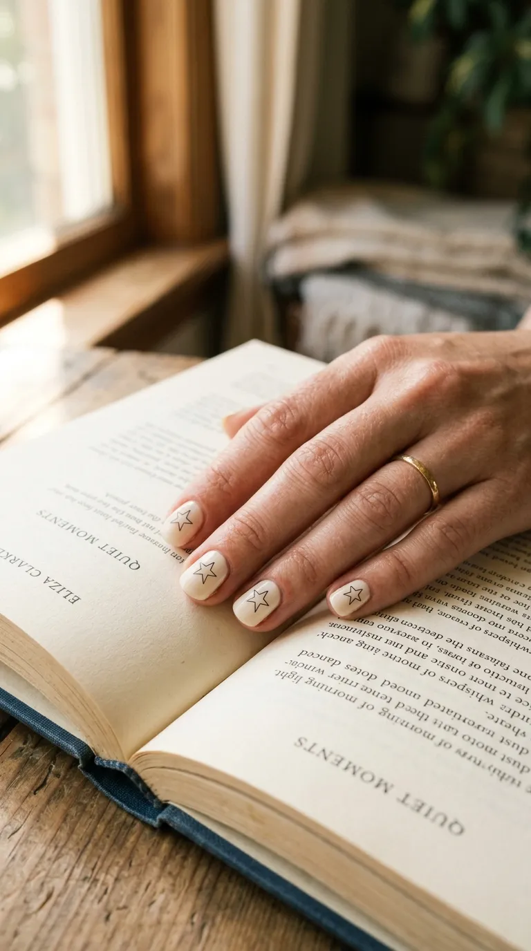 A refined photograph of a hand with short natural-length nails painted in warm off-white, each featuring a single fine-line star outline drawn in thin black lines. The hand rests on an open hardcover book with cream-colored pages. Soft natural daylight from a nearby window casts a gentle warm tone across the scene.
