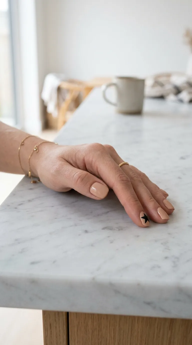 A minimalist photograph of a hand with short natural nails painted in a warm beige nude shade. The ring finger features one oversized hand-painted black star in the center of the nail. The hand rests on a clean white marble counter. Bright, even natural light. Simple, modern aesthetic. Shot with a mirrorless camera, 85mm lens.