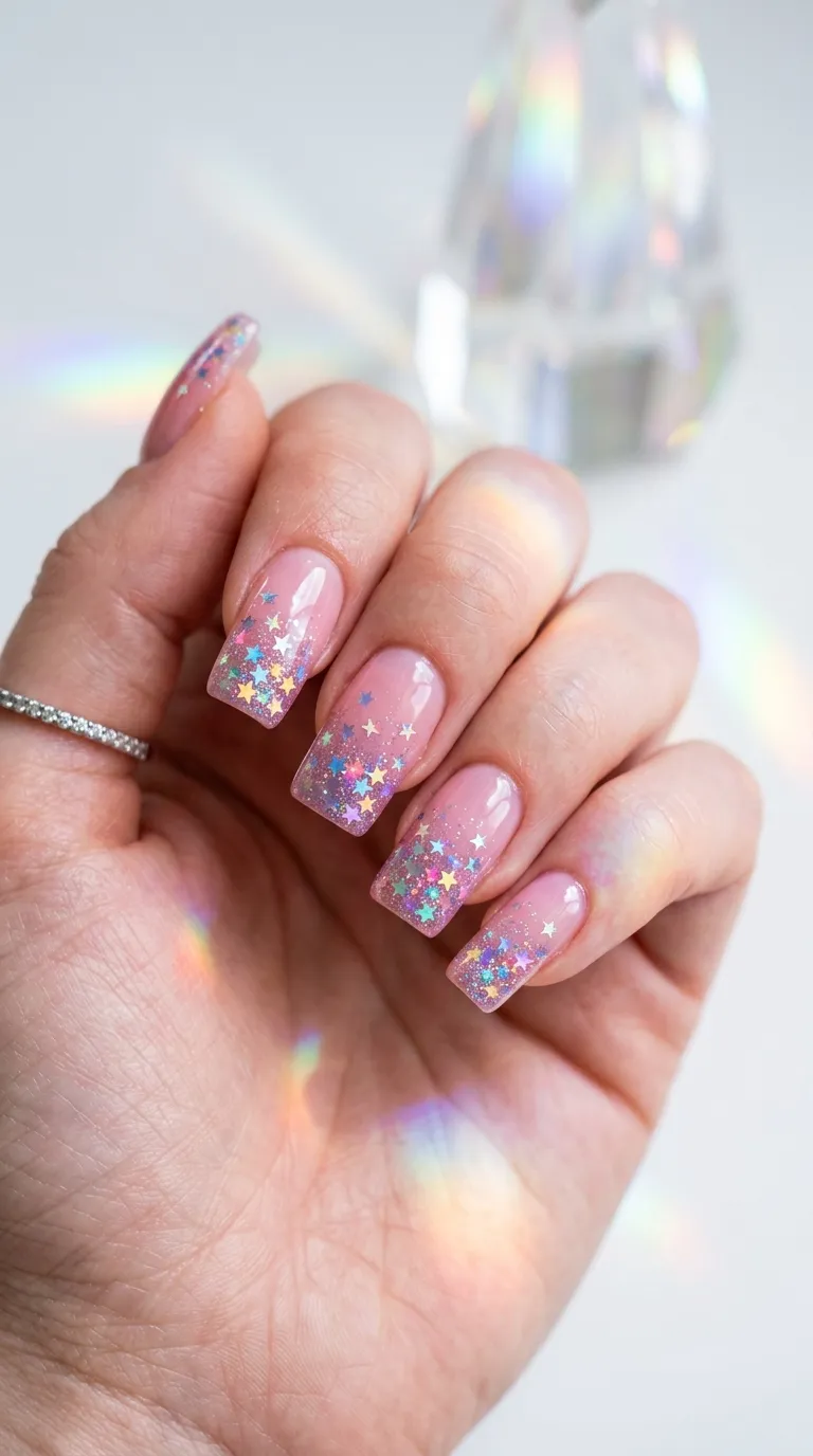 A photograph of medium-length square nails with a sheer pink base and holographic star-shaped glitter concentrated at the tips in a gradient style. The hand is held against a prism casting rainbow light. Iridescent, dreamy lighting. Clean white background. Shot with a macro lens, vivid color detail, soft rainbow flares.