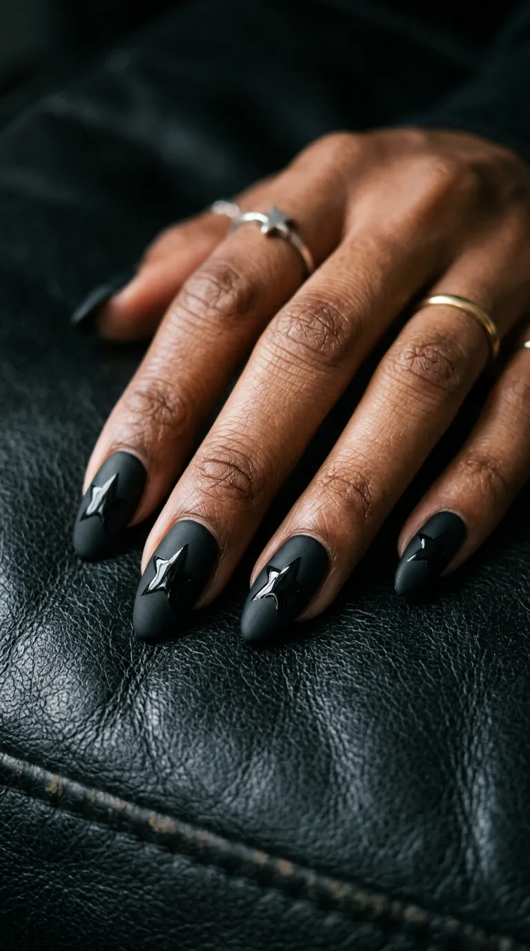 A striking close-up of matte black nails with glossy star shapes that contrast against the matte surface. The glossy stars appear to be carved out of the matte finish, reflecting light while the rest of the nail stays flat. The hand rests on a black leather surface. Moody, editorial lighting. Sharp focus, shot on a full-frame camera.