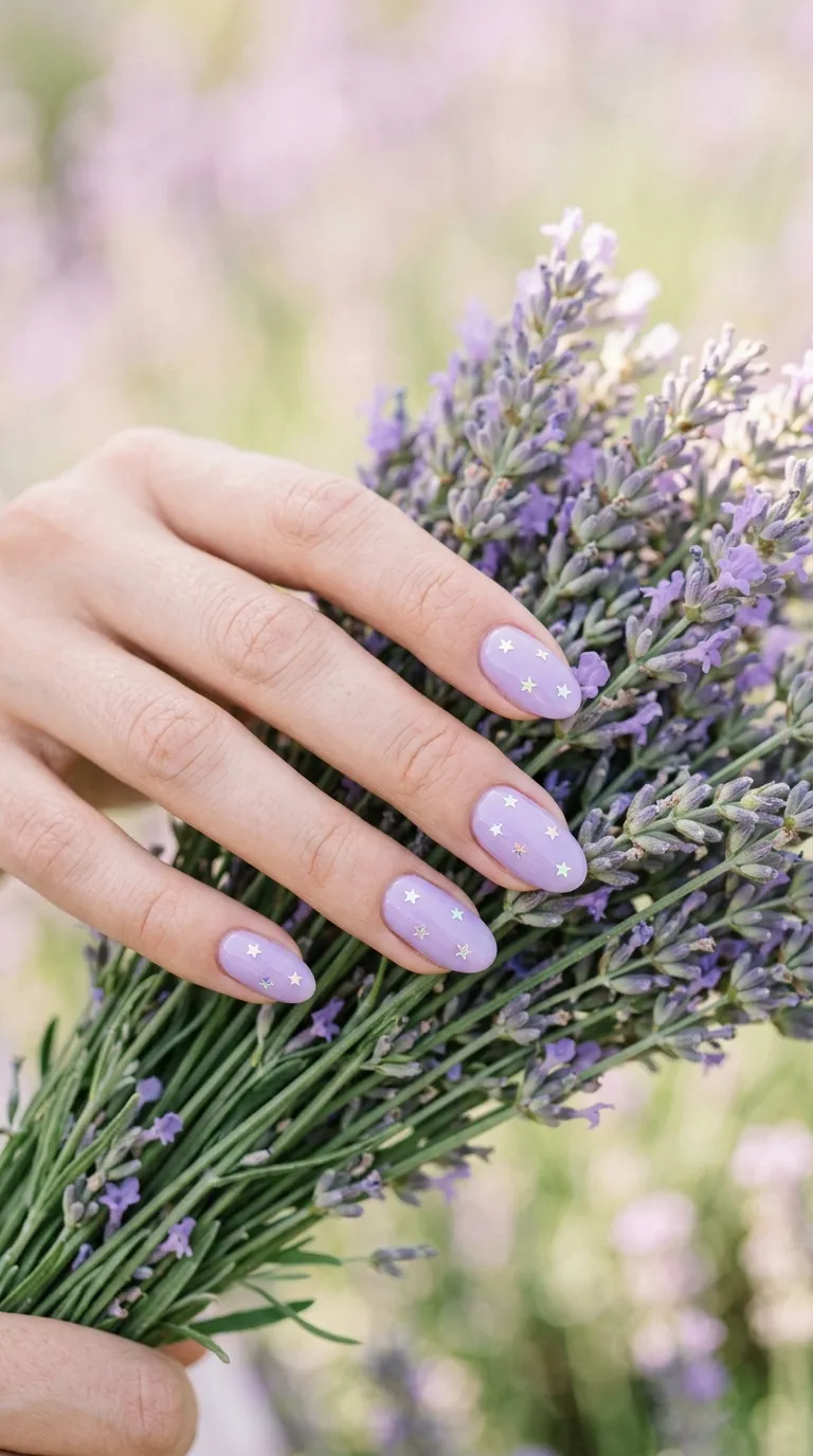 A delicate photograph of oval-shaped nails painted in soft lavender purple with tiny iridescent star sequins placed randomly across each nail. The hand rests on a bouquet of fresh lavender sprigs. Soft, diffused natural light creates a pastel dreamscape. Airy, feminine mood. Shot with a Canon 100mm macro lens.