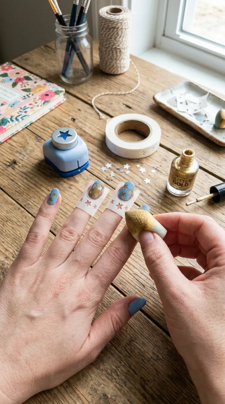 A step-by-step style photograph showing a hand with nails mid-process — tape stencils with star cutouts placed on nails, with a contrasting polish color being dabbed over the stencil. A small star-shaped hole punch and tape strips sit on the table beside the hand. Bright craft-room lighting, overhead angle, tutorial aesthetic.