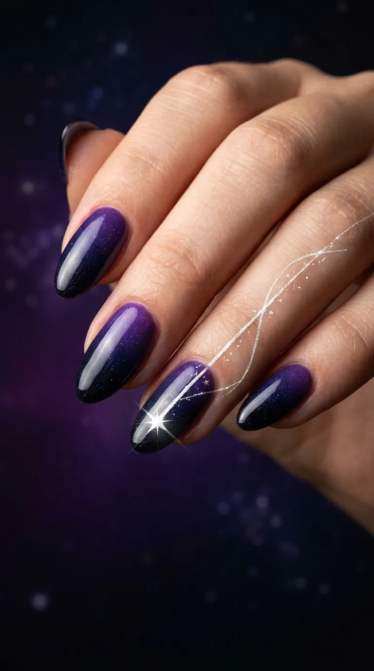 A dynamic photograph of almond-shaped nails with a dark gradient background fading from deep purple to black. A thin white shooting star trail streaks diagonally across two nails, ending in a small bright white star. The hand is angled dramatically against a dark backdrop. Striking, celestial mood. Shot with studio strobes and a macro lens.