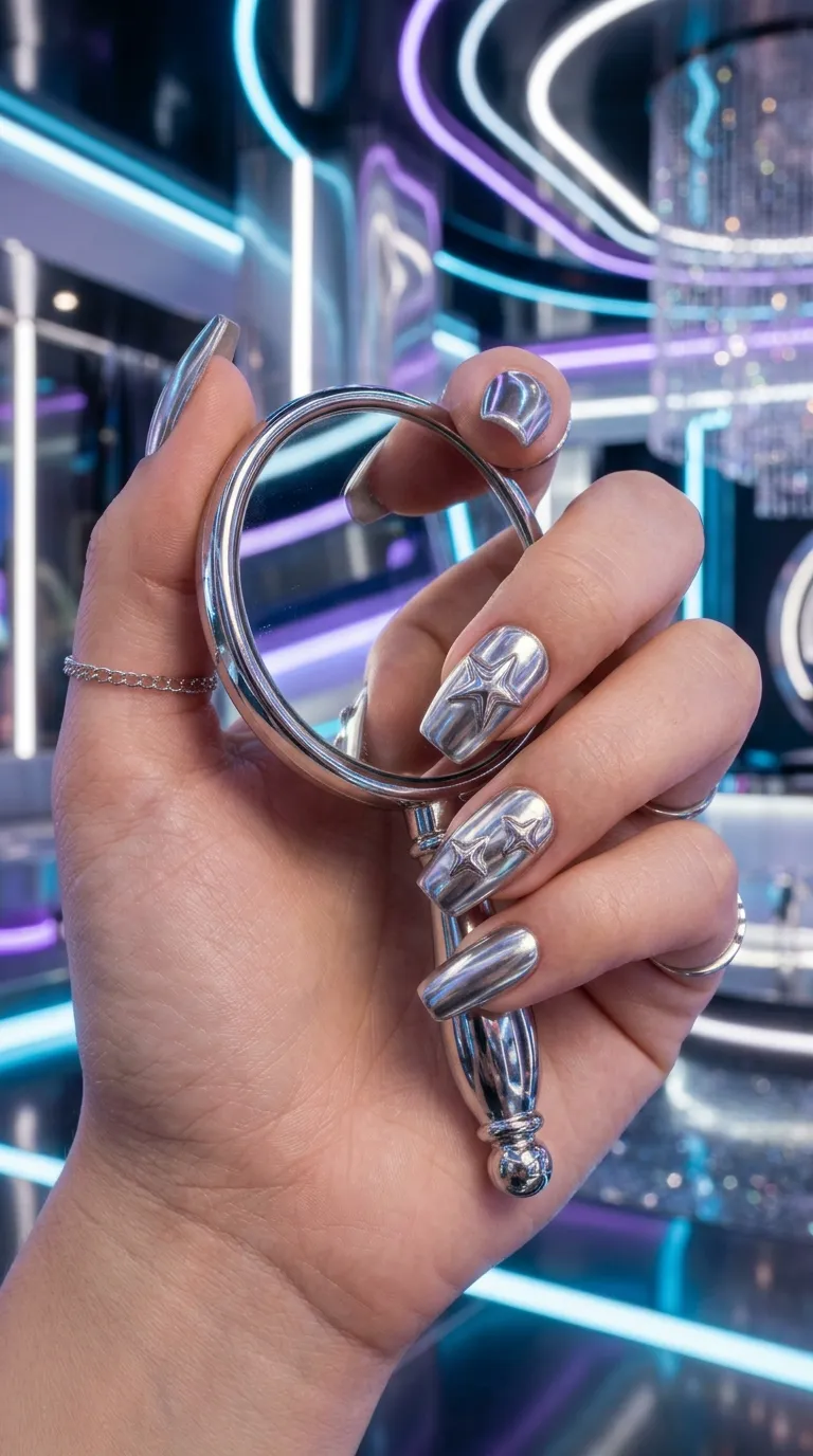 A glamorous close-up of short coffin-shaped nails with a mirror-like silver chrome finish. Star shapes are visible as slightly raised chrome accents on two nails. The hand holds a small chrome hand mirror. Reflective, futuristic lighting bounces off every surface. Ultra-modern aesthetic. Shot on a Sony A7 with a macro attachment.